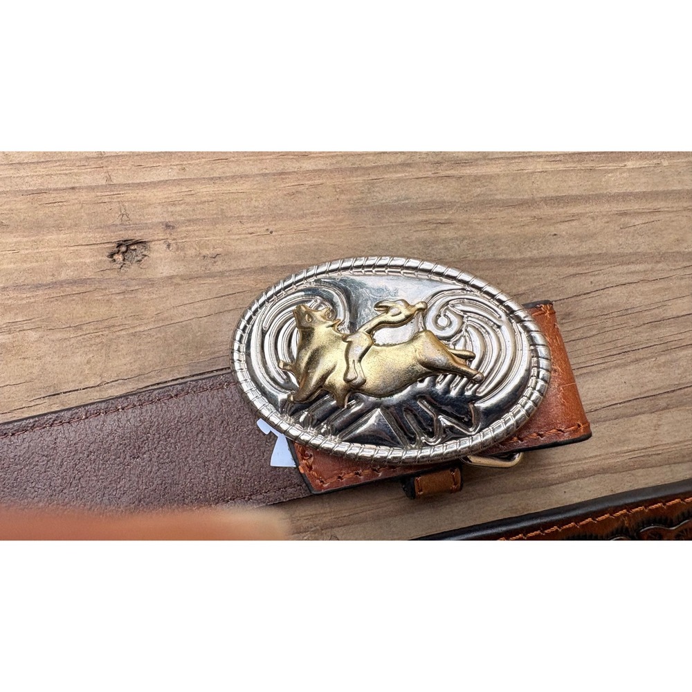 Nocona Belt Co Brown Tooled Leather Western Bull Rider Trophy Buckle Belt 28 - Picture 2 of 7